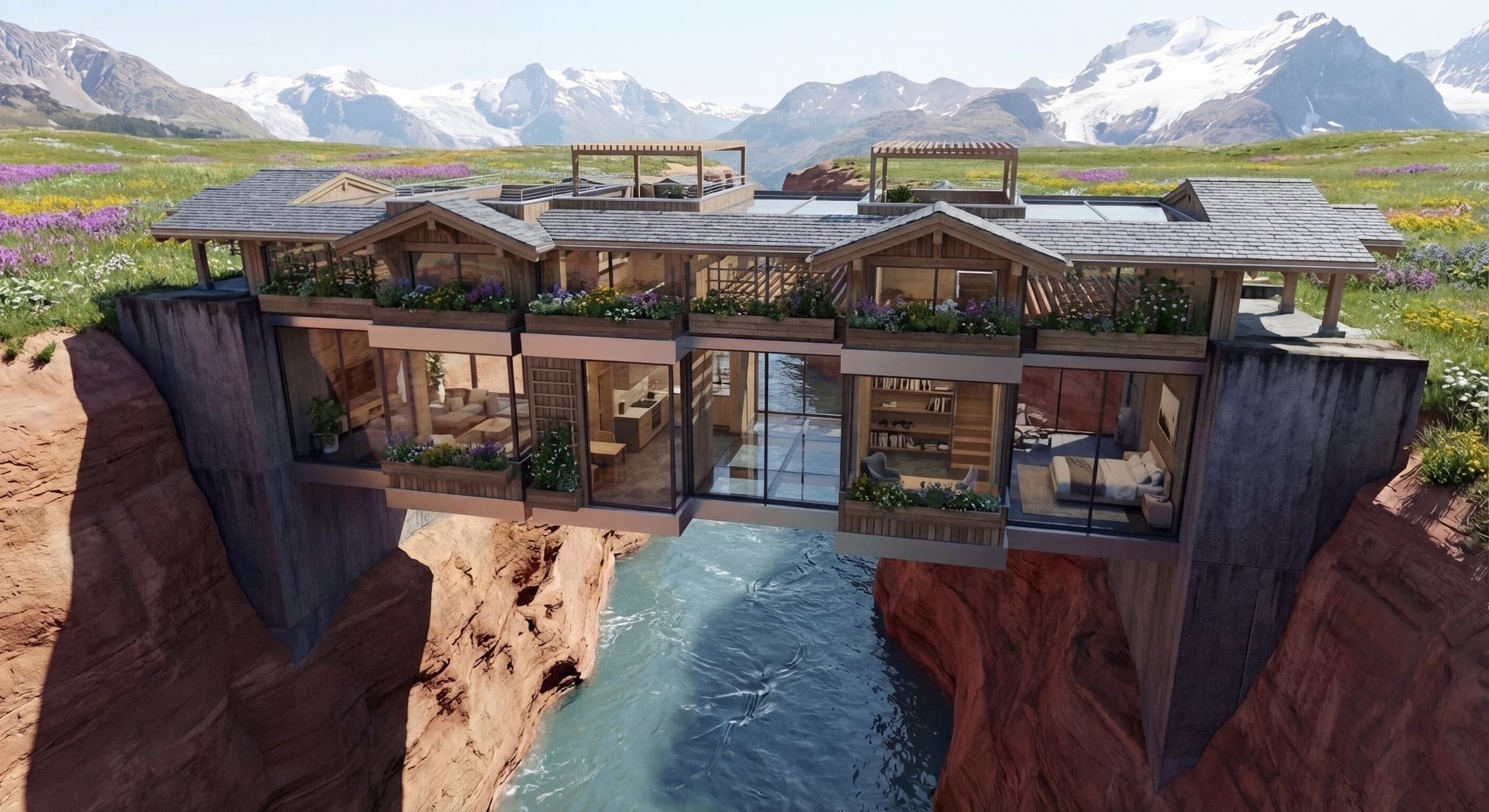Modern underground home built into a canyon with flowing stream, surrounded by mountains and grassland landscape