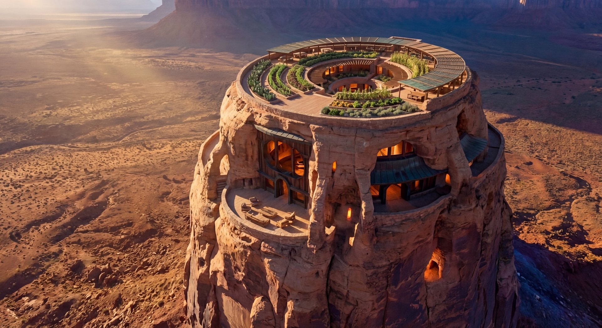 Aerial view of a circular building constructed atop a desert rock formation with a spiral garden courtyard
