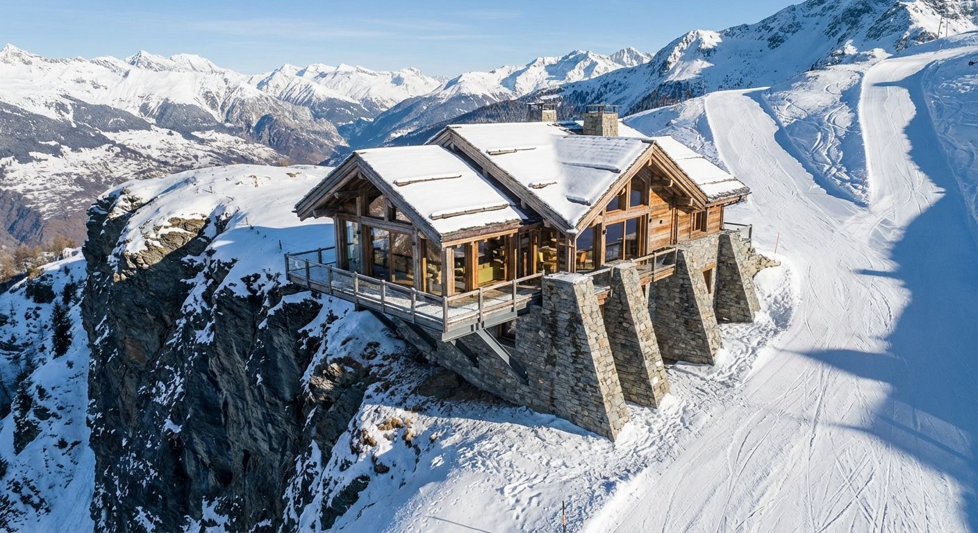 Modern wooden lodge perched on snowy mountain peak with ski slopes and alpine peaks visible in background
