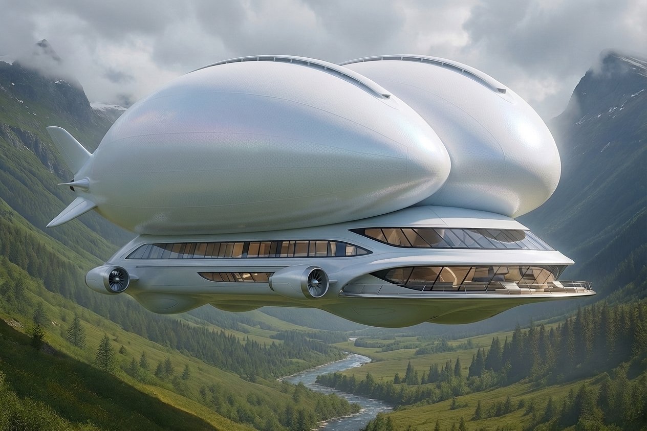 Futuristic aircraft with two large white bubble pods flying over a mountainous valley with forests and a winding river below