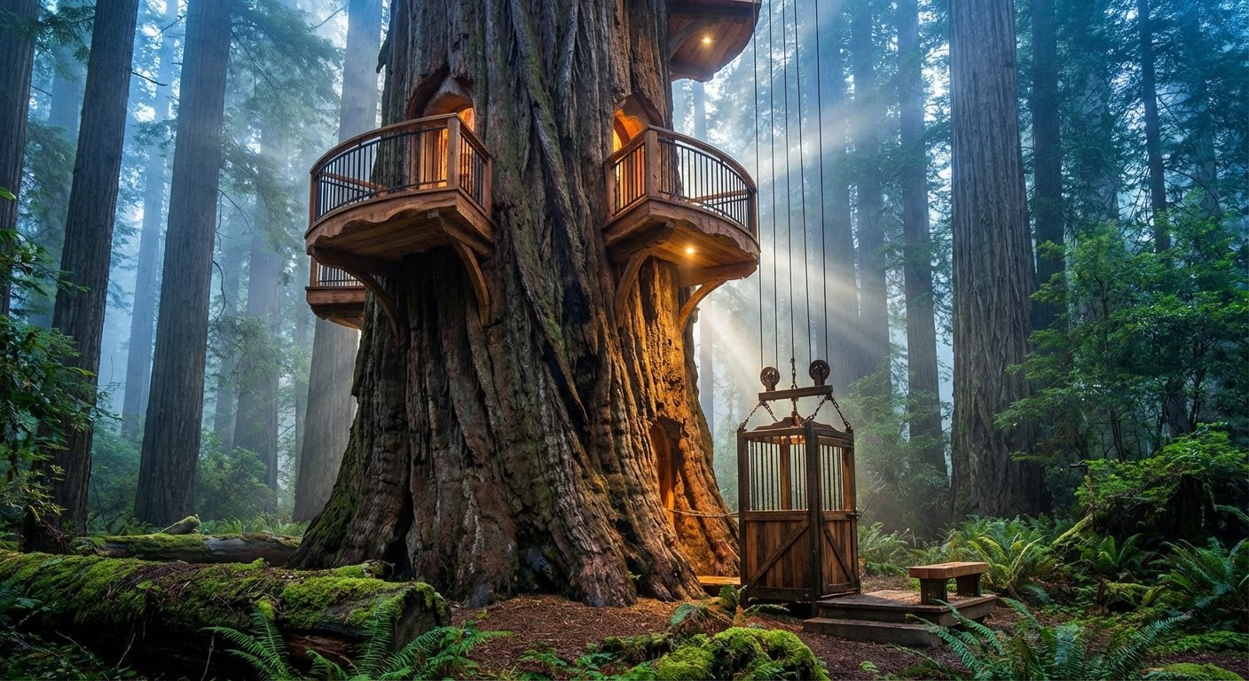 Magical treehouse built into a massive ancient redwood tree in a misty forest with glowing windows and wooden platform