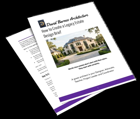 Stacked design brief documents from David Barres Architecture about creating a legacy estate, featuring a luxury home exterior photo and purple accent stripe