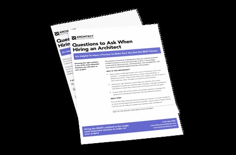 Two overlapping pages of a guide titled Questions to Ask When Hiring an Architect with purple header section and bullet points