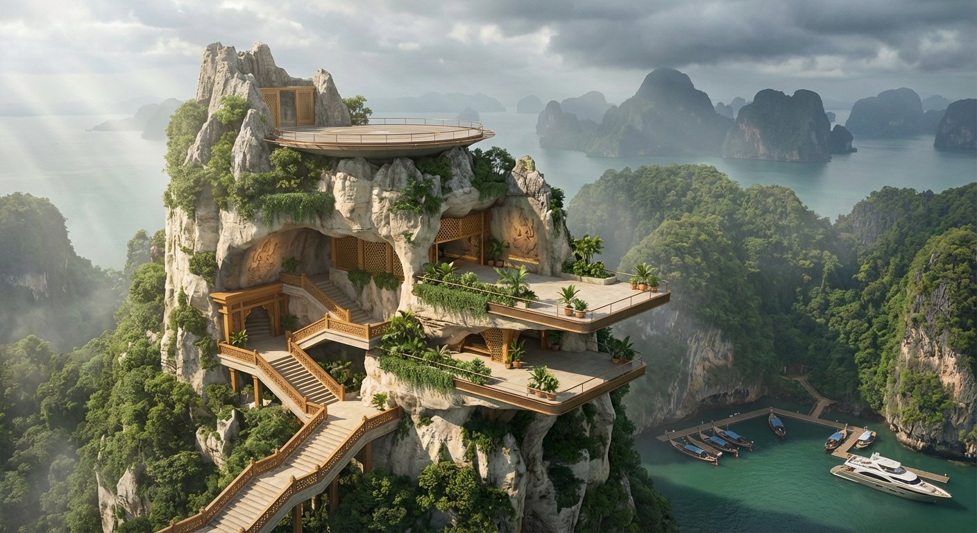 Luxury hillside resort carved into a steep cliff overlooking emerald waters and limestone peaks in a tropical landscape