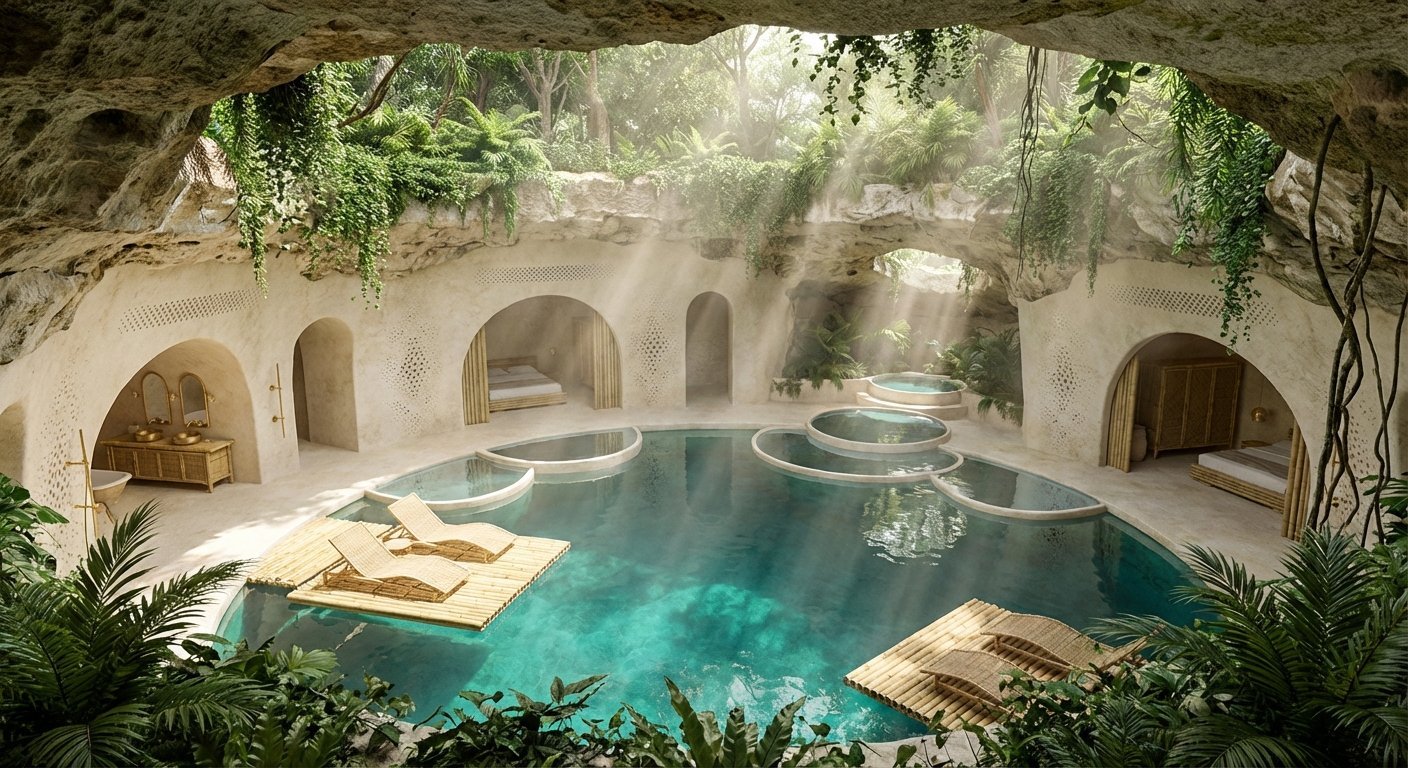 Underground cave pool with turquoise water, arched stone alcoves, lounge chairs, ivy, and natural light filtering through openings