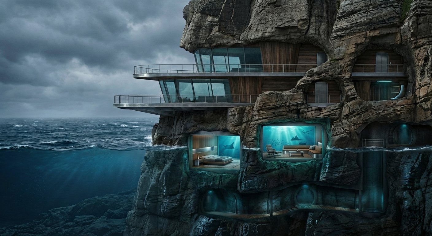 Futuristic underwater dwelling built into a rocky cliff with glowing blue observation windows overlooking the ocean