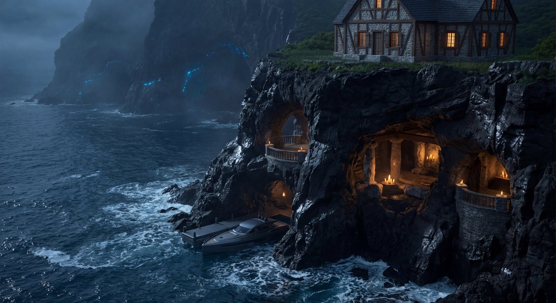 Fantasy castle built into dramatic coastal cliffs at dusk with golden-lit windows overlooking stormy ocean waves