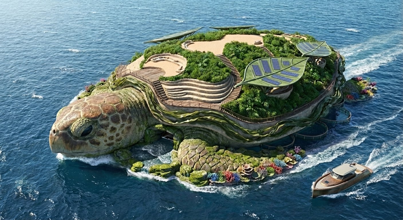 Aerial view of a lush green island with winding paths, surrounded by blue ocean water and a small boat nearby