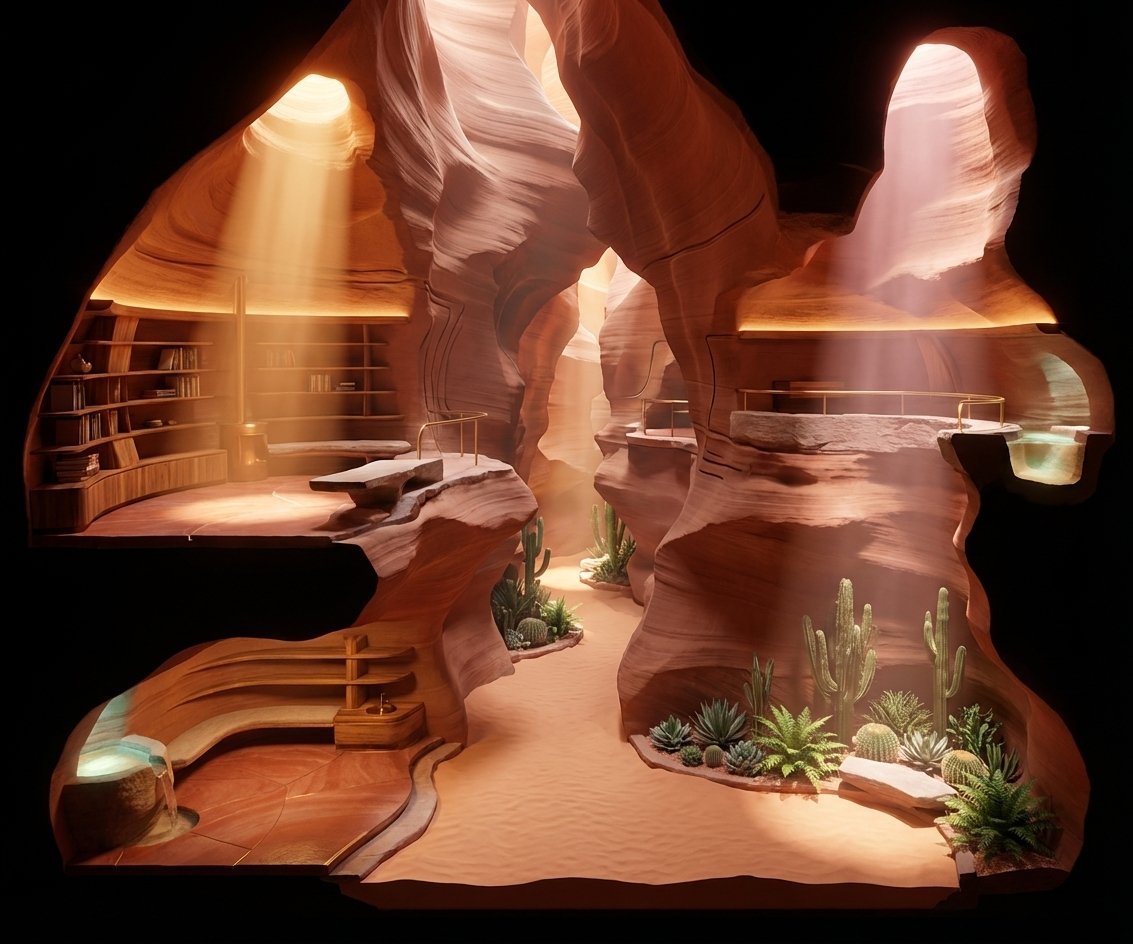 Double-exposed illustration of a modern interior within red canyon rock formations, showing bookshelves, desert plants, and natural light streaming through openings
