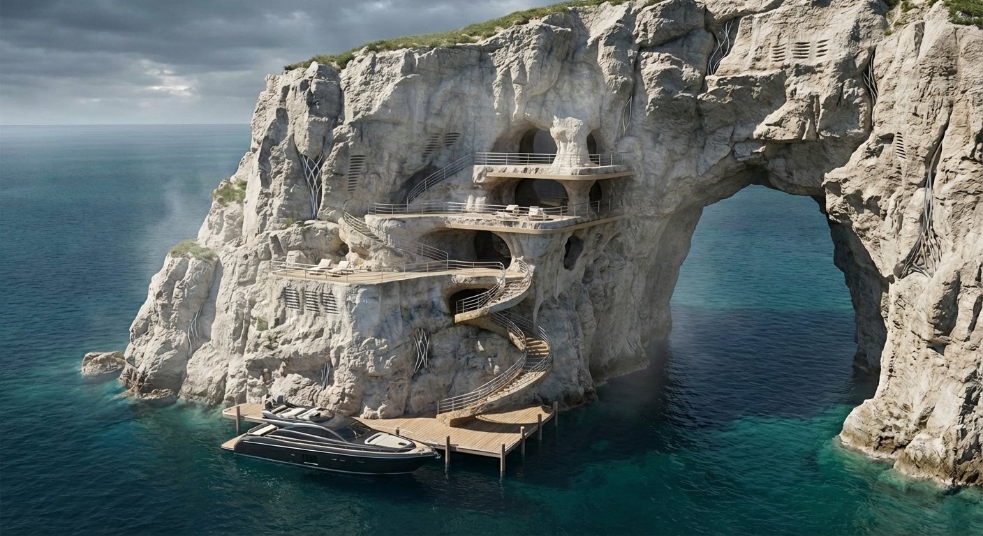 Luxury yacht moored beneath towering white limestone cliff with carved spiral staircase and natural cave opening over turquoise sea
